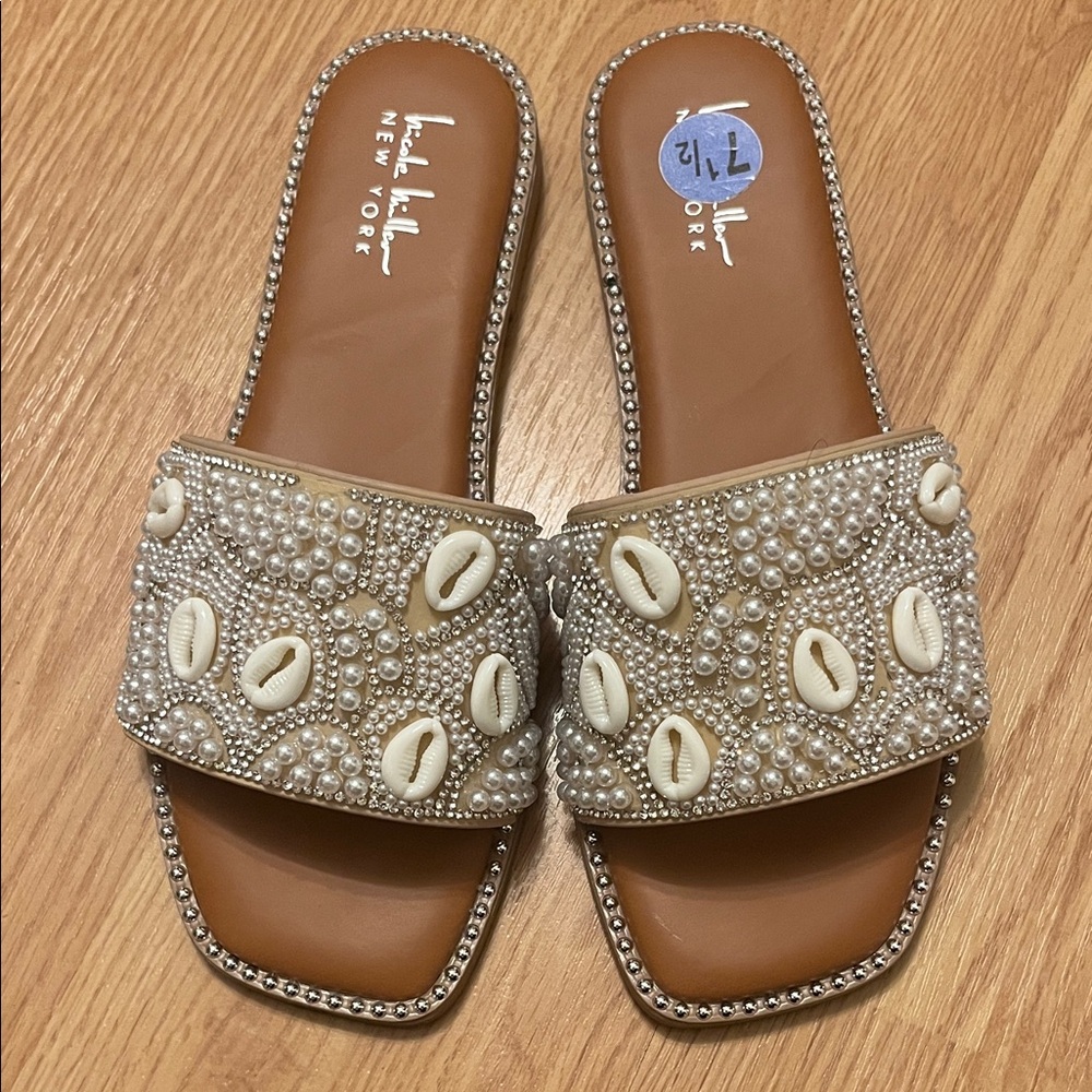 Nicole Miller Pearl & Shell Embellished Slide Sandals